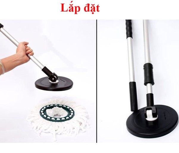 Đặt mâm lau vào với bông lau và dùng tay nhấn xuống đến khi 2 bộ phận này khớp hẳn với nhau