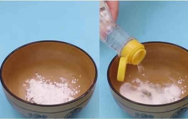 Pour baking soda into a bowl with vinegar